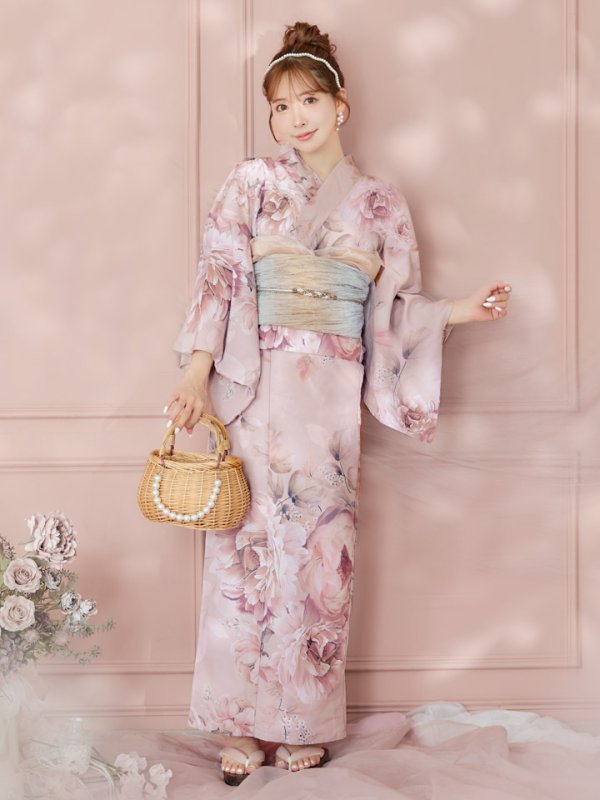 画像4: 【即日発送】くすみピンクアンティークフラワー浴衣【浴衣３点セット 浴衣/帯/下駄】[YMT]