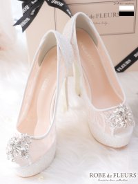 【ROBE de FLEURS/ローブドフルール】総レース×グリッター/ オープントゥパンプス/ ビジューモチーフ付き【ヒール14.5cm】[OF02C]