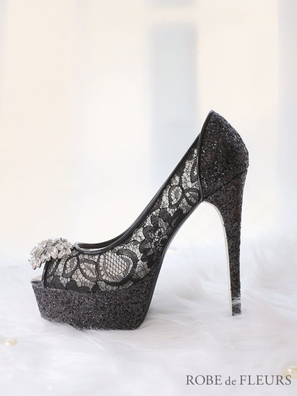 画像5: 【ROBE de FLEURS/ローブドフルール】総レース×グリッター/ オープントゥパンプス/ ビジューモチーフ付き【ヒール14.5cm】[OF02C]