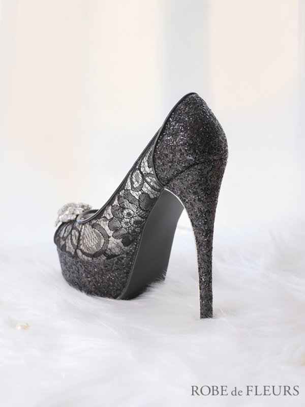 画像6: 【ROBE de FLEURS/ローブドフルール】総レース×グリッター/ オープントゥパンプス/ ビジューモチーフ付き【ヒール14.5cm】[OF02C]