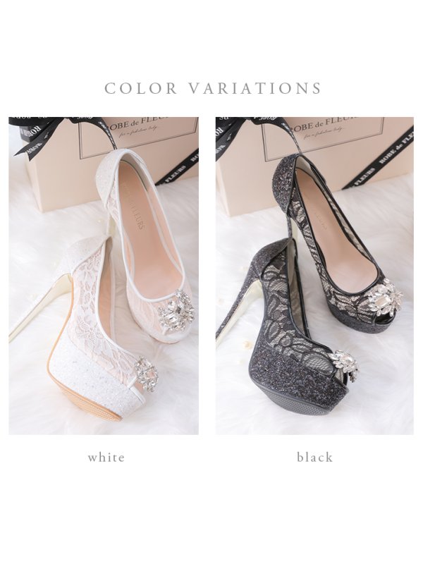 画像14: 【ROBE de FLEURS/ローブドフルール】総レース×グリッター/ オープントゥパンプス/ ビジューモチーフ付き【ヒール14.5cm】[OF02C]