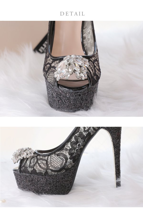 画像12: 【ROBE de FLEURS/ローブドフルール】総レース×グリッター/ オープントゥパンプス/ ビジューモチーフ付き【ヒール14.5cm】[OF02C]