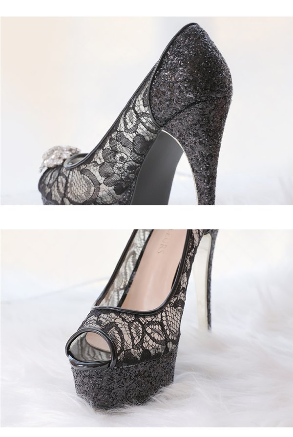 画像13: 【ROBE de FLEURS/ローブドフルール】総レース×グリッター/ オープントゥパンプス/ ビジューモチーフ付き【ヒール14.5cm】[OF02C]