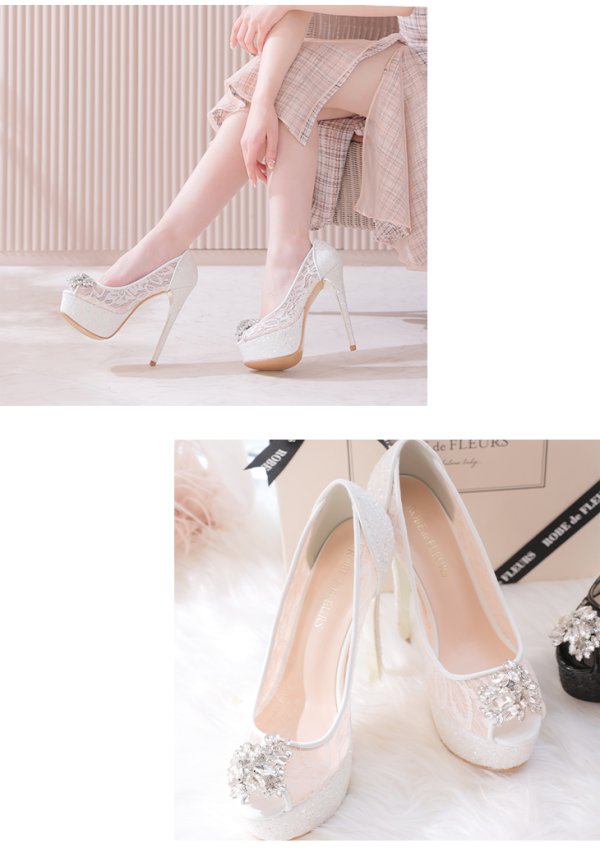 画像10: 【ROBE de FLEURS/ローブドフルール】総レース×グリッター/ オープントゥパンプス/ ビジューモチーフ付き【ヒール14.5cm】[OF02C]