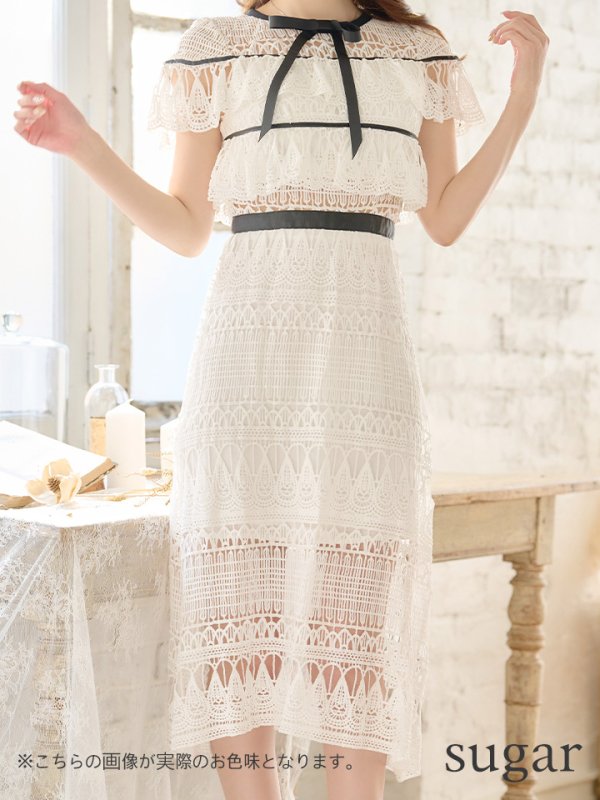 画像8: sugarオリジナルカラー・Lサイズあり☆【JEAN MACLEAN/ジャンマクレーン】 デザインレース/ 膝丈/ リボンモチーフ/ ワンピース/ ミディアムドレス/キャバドレス【HC02】