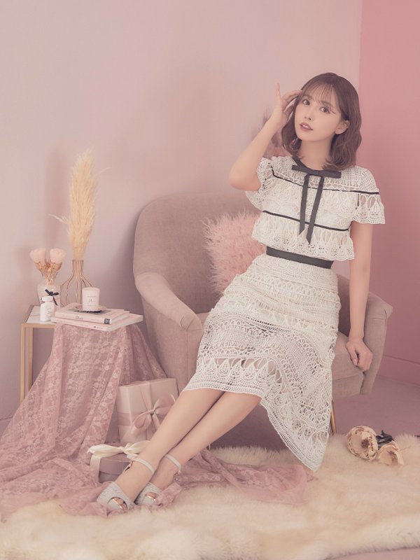 画像6: sugarオリジナルカラー・Lサイズあり☆【JEAN MACLEAN/ジャンマクレーン】 デザインレース/ 膝丈/ リボンモチーフ/ ワンピース/ ミディアムドレス/キャバドレス【HC02】