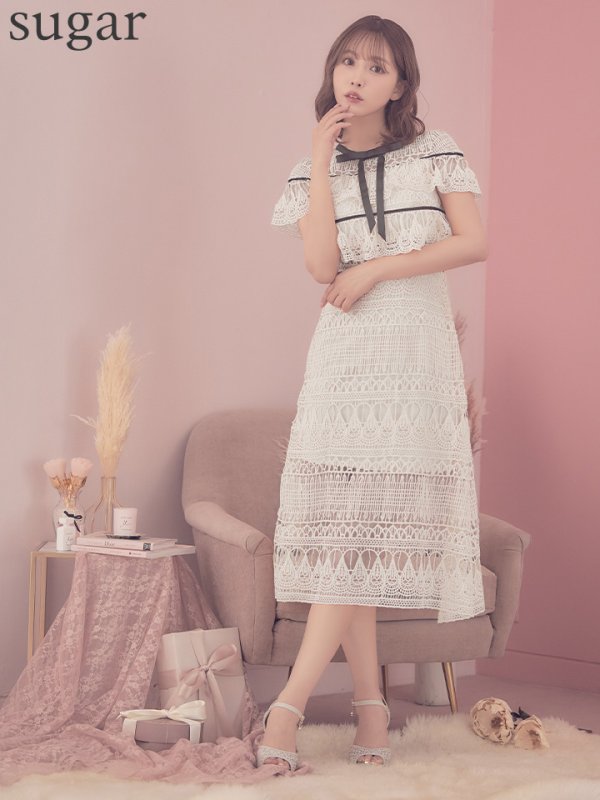 画像7: sugarオリジナルカラー・Lサイズあり☆【JEAN MACLEAN/ジャンマクレーン】 デザインレース/ 膝丈/ リボンモチーフ/ ワンピース/ ミディアムドレス/キャバドレス【HC02】