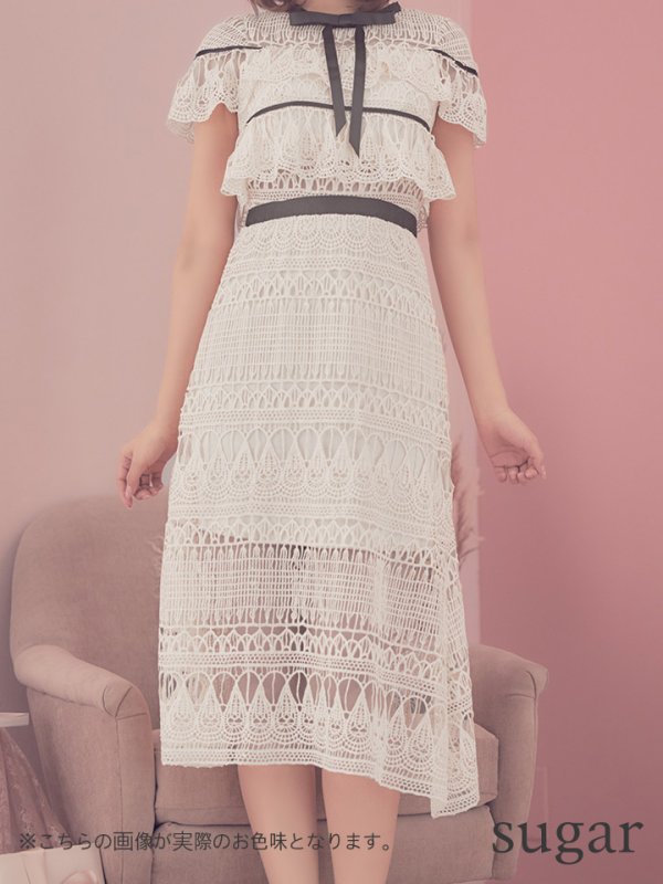 画像8: sugarオリジナルカラー・Lサイズあり☆【JEAN MACLEAN/ジャンマクレーン】 デザインレース/ 膝丈/ リボンモチーフ/ ワンピース/ ミディアムドレス/キャバドレス【HC02】