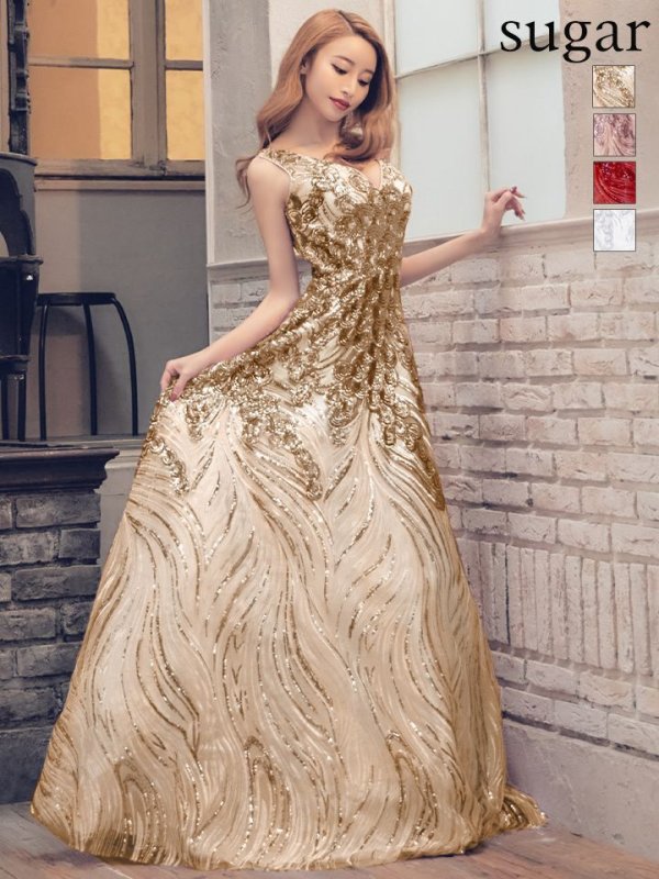 Lサイズあり【JEAN MACLEAN/ジャンマクレーン】スパンコール刺繍/Aライン/フレア/ ロング/ キャバドレス long シャンパン