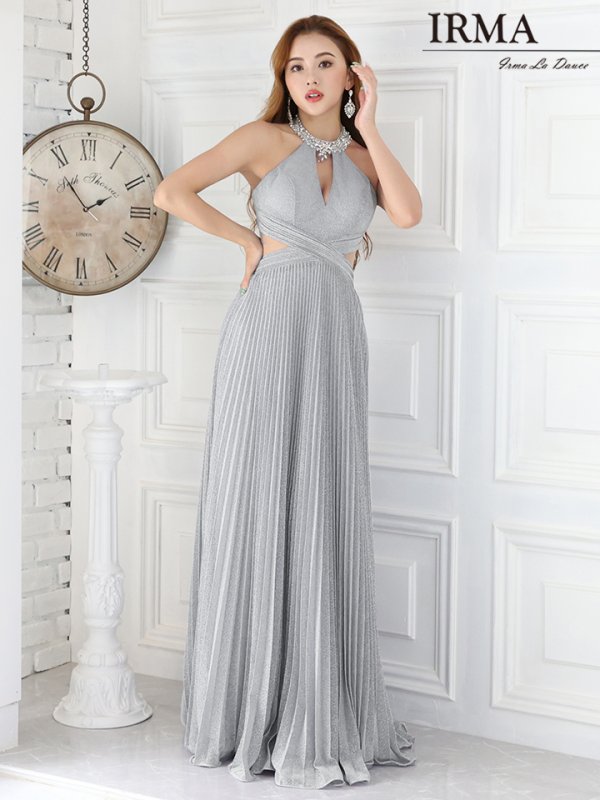 【IRMA/イルマ】ラメ/プリーツ/ サイドシアー/ アメスリ/ ロング/ キャバドレス long  シルバー
