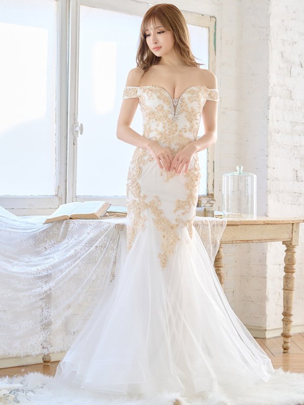 画像8: 13号あり【JEAN MACLEAN/ジャンマクレーン】刺繍/ オフショル/ スピンドル/ マーメイド/ チュール/ ロング/ キャバドレス long[OF2A]