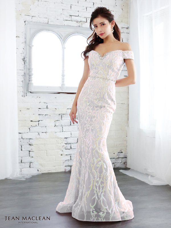 【JEAN MACLEAN/ジャンマクレーン】スパンコール刺繍/ オフショル/ スピンドル/ マーメイド/ ロング/ キャバドレス long/ホワイト