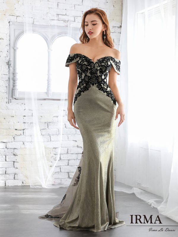 画像3: Lサイズあり【IRMA/イルマ】ラメ/ フラワー刺繍/ オフショル/ バックシャン/ タイト/ ロングドレス/ キャバドレス long[OF2A]
