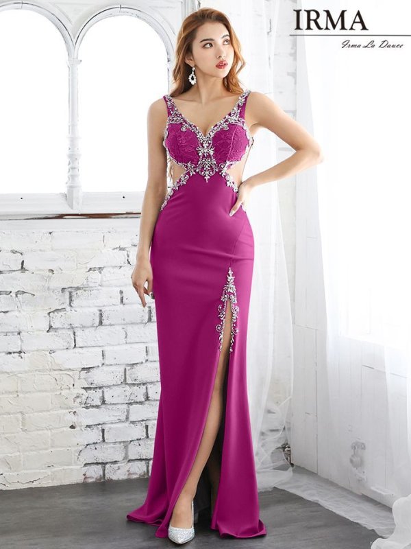 画像9: 【IRMA/イルマ】ワンカラー/ シアーレース/ ビジュー/ ストレッチ/ スリット/ ロングドレス /キャバドレス long[OF2A]