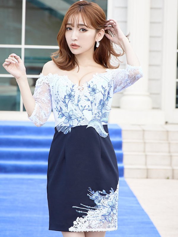 画像6: Lサイズあり【IRMA/イルマ】フラワーレース/ オフショル/ 袖あり/ タイト/ ミニドレス/ キャバドレス【HC02】