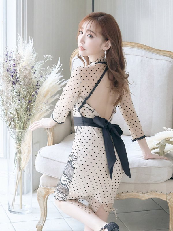 画像3: Lサイズあり!!【JEAN MACLEAN/ジャンマクレーン】ドットレース/ 袖あり/ バックシャン/ タイト/ ミディアム丈/ キャバドレス【HC02】