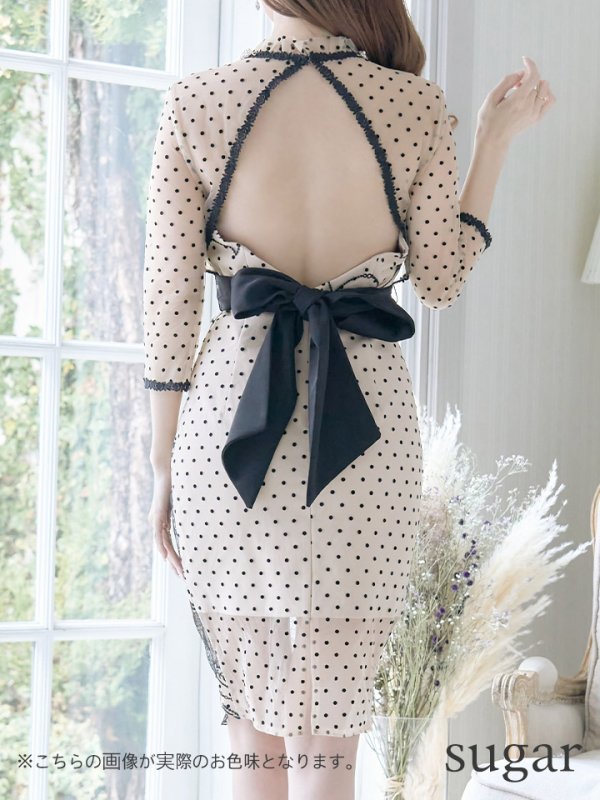 画像9: Lサイズあり!!【JEAN MACLEAN/ジャンマクレーン】ドットレース/ 袖あり/ バックシャン/ タイト/ ミディアム丈/ キャバドレス【HC02】