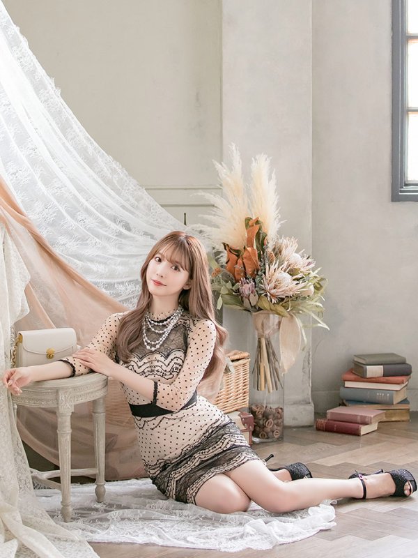 画像15: Lサイズあり!!【JEAN MACLEAN/ジャンマクレーン】ドットレース/ 袖あり/ バックシャン/ タイト/ ミディアム丈/ キャバドレス【HC02】