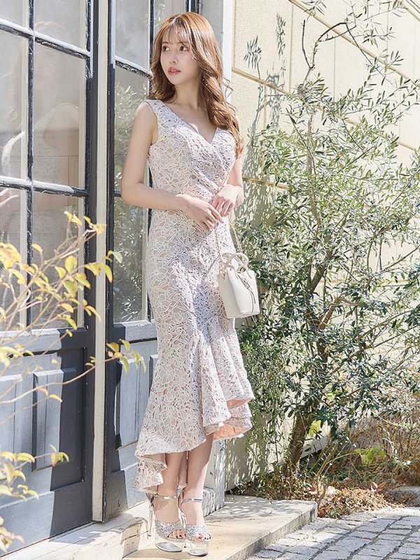 画像4: Lサイズあり!!【JEAN MACLEAN/ジャンマクレーン】フラワーレース/ベルト付き/変形スカート/タイト/ ミディアム丈/ ミニドレス/ キャバドレス【HC02】