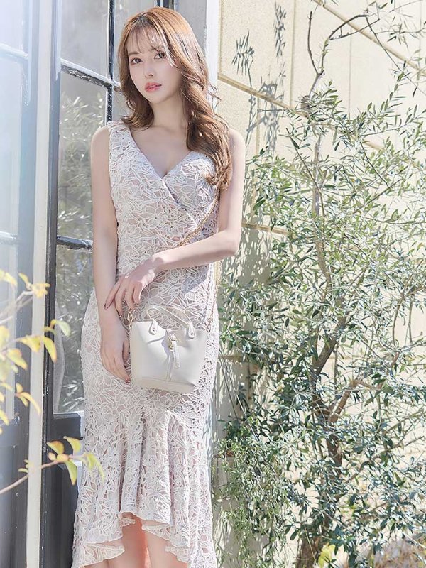 画像6: Lサイズあり!!【JEAN MACLEAN/ジャンマクレーン】フラワーレース/ベルト付き/変形スカート/タイト/ ミディアム丈/ ミニドレス/ キャバドレス【HC02】