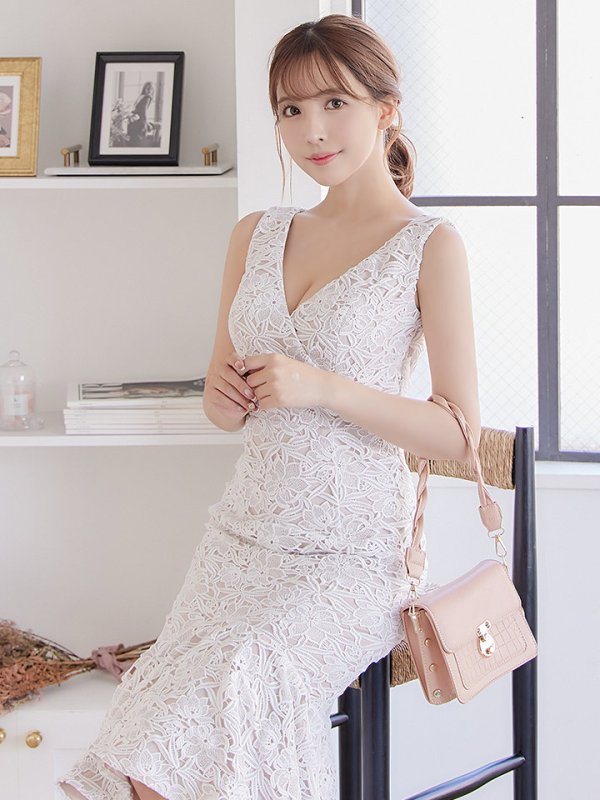 画像5: Lサイズあり!!【JEAN MACLEAN/ジャンマクレーン】フラワーレース/ベルト付き/変形スカート/タイト/ ミディアム丈/ ミニドレス/ キャバドレス【HC02】