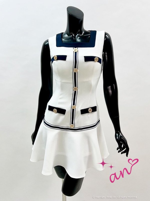 画像16: 【an/アン】スクエアネック/ バイカラー/ ボタン/ 裾フリル/ フレア/ ミニドレス/ キャバドレス[OF05]