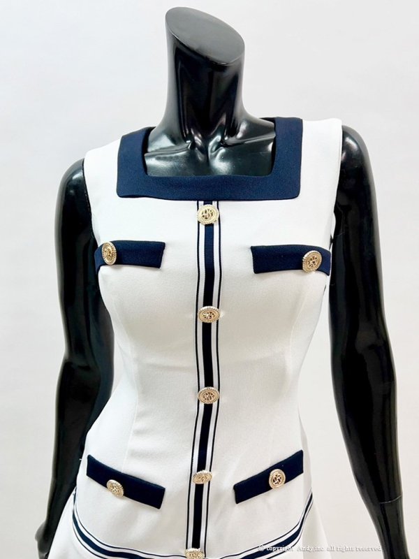 画像19: 【an/アン】スクエアネック/ バイカラー/ ボタン/ 裾フリル/ フレア/ ミニドレス/ キャバドレス[OF05]