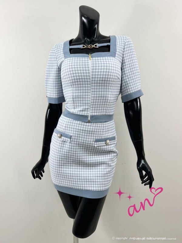 画像18: 【an /アン】ギンガムチェック/ フロントジップ/ スクエアネック/ 袖あり/ ショートスリーブ/ セットアップ/ タイト/ ミニドレス/ キャバドレス[OF05]