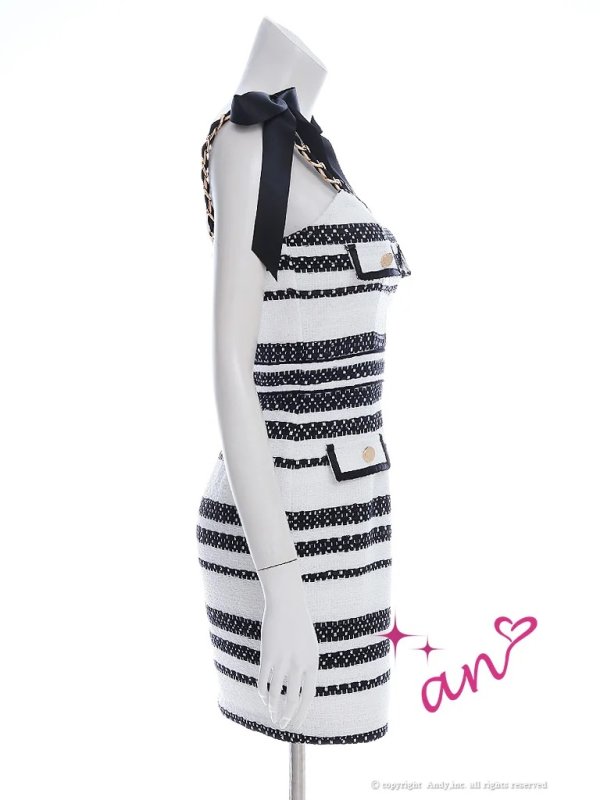 画像10: XSサイズあり【an /アン】 ボーダー/ ショルダーリボン/ チェーン/ フロントジップ/ タイト/ ミニドレス/ キャバドレス[OF05]