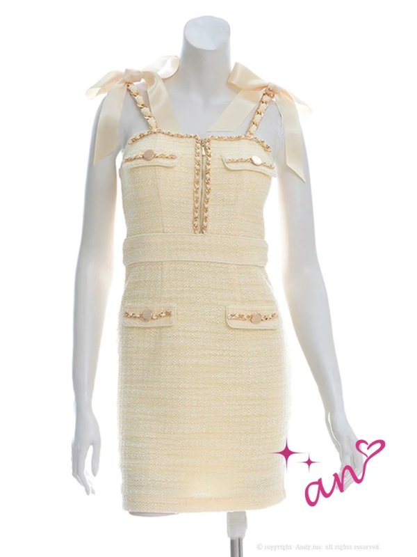 XSサイズあり【an /アン】 ツイード/ ショルダーリボン/ チェーン/ フロントジップ/ ワンカラー/タイト/ ミニドレス/ キャバドレス[OF05]　イエロー
