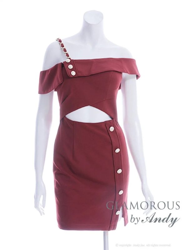 画像3: XSサイズあり【Andy GLAMOROUS/アンディグラマラス】ワンショルダー/ リボン/ チェーン/ オフショル/ ボタン/ カットアウト/ タイト/ ミニドレス/ キャバドレス[OF05]