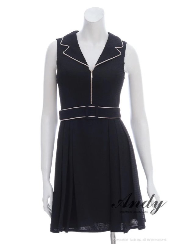 XSサイズあり【ANDY/アンディ】フロントジップ/ バイカラー/ ベルト/ ノースリーブ/ フレア/ ミニドレス/ キャバドレス[OF05]　ブラックベージュ