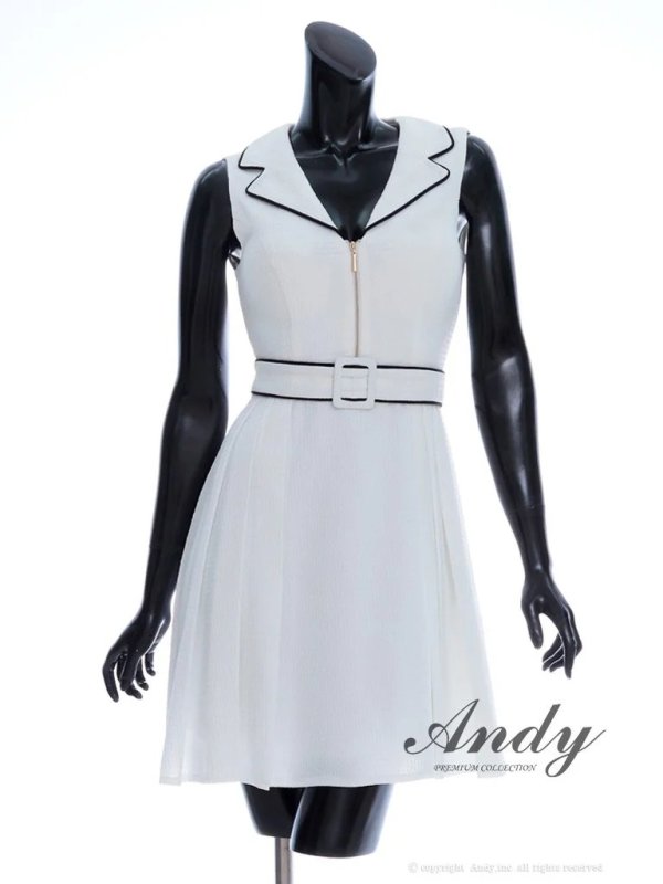 XSサイズあり【ANDY/アンディ】フロントジップ/ バイカラー/ ベルト/ ノースリーブ/ フレア/ ミニドレス/ キャバドレス[OF05]　ホワイトブラック