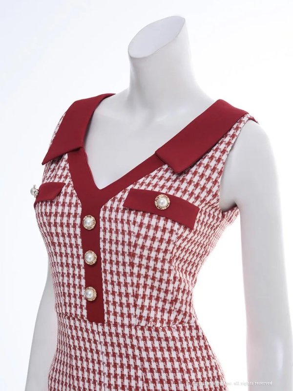 画像4: XSサイズあり 【an /アン】千鳥柄/ チェック/ 襟付き/ ボタン/ ノースリーブ/ プリーツ/ フレア/ ミニドレス/ キャバドレス[OF05]