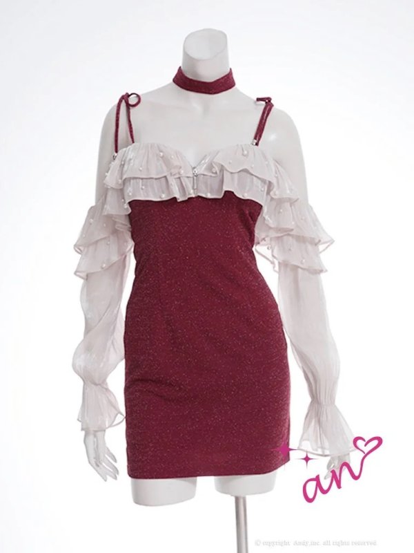 画像20: XSサイズあり【an /アン】2way/ 袖取り外し可能/ フリル/ オフショルダー/ キャミソール/ パール/ ラメ/ タイト/ ミニドレス/ キャバドレス[OF05]