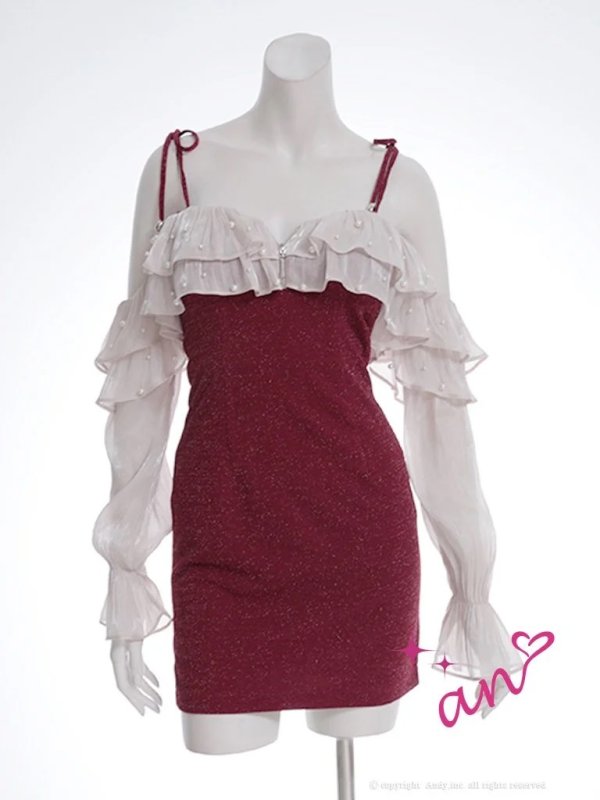 画像21: XSサイズあり【an /アン】2way/ 袖取り外し可能/ フリル/ オフショルダー/ キャミソール/ パール/ ラメ/ タイト/ ミニドレス/ キャバドレス[OF05]