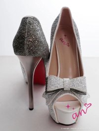 【an】2color/ 14cmヒール/ グリッター/ ラメ/ グラデーション/ リボンモチーフ/ ハイヒール/ ピンヒール/ オープントゥパンプス [OF02]