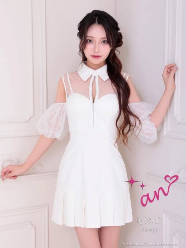 画像18: XSサイズあり【an /アン】フロントジップ/ シースルー/ レース/ 襟/ プリーツ/ ノースリーブ/ フレア/ ワンピース/ ミニドレス/ キャバドレス[OF05]]