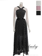 XSサイズあり【ANDY/アンディ】ホルターネック/ ドット柄/ カットアウト/ シフォン/ フレア/ ロングドレス/ キャバドレス[OF05]