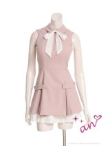 XSサイズあり【an /アン】襟付き/ ネックリボン/ バストジップ/ ノースリーブ/ バイカラー/ プリーツ/ ワンピース/ ミニドレス/ キャバドレス[OF05]