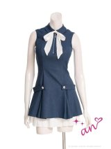 XSサイズあり【an /アン】襟付き/ ネックリボン/ バストジップ/ ノースリーブ/ バイカラー/ プリーツ/ ワンピース/ ミニドレス/ キャバドレス[OF05]