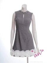 XSサイズあり【an /アン】ビジュー/ バストジップ/ ハイネック/ バックリボン/ 立体フラワー/ ノースリーブ/ フレア/ ミニドレス/ キャバドレス[OF05]