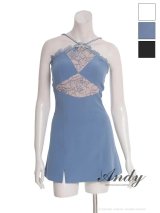 XSサイズあり【ANDY/アンディ】ビジューリボン/ ホルターネック/ レース/ 切替/ ストレッチ/ フレア/ ミニドレス/ キャバドレス[OF05]