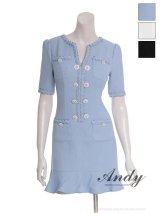 XSサイズあり【ANDY/アンディ】パイピング/ ビジューボタン/ デザインポケット/ 半袖/ 袖あり/ マーメイド/ ミニドレス/ キャバドレス[OF05]