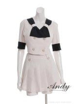 XSサイズあり【ANDY/アンディ】バイカラー/ リボンモチーフ/ 半袖/ 袖あり/ Vネック/ ダブルボタン/ プリーツ/ フレア/ セットアップ/ ミニドレス/ キャバドレス[OF05]