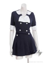 XSサイズあり【ANDY/アンディ】バイカラー/ リボンモチーフ/ 半袖/ 袖あり/ Vネック/ ダブルボタン/ プリーツ/ フレア/ セットアップ/ ミニドレス/ キャバドレス[OF05]