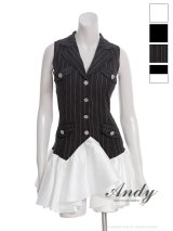 XSサイズあり【ANDY/アンディ】襟付き/ Vネック/ ボタン/ ノースリーブ/ バイカラー/ ストライプ/ フリル/ フレア/ ミニドレス/ キャバドレス[OF05]