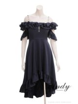 【ANDY/アンディ】 フリル/ 2way/ カットアウト/ 無地/ オフショルデザイン/ ミディアムドレス/ キャバドレス[OF05]