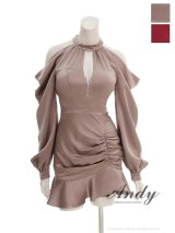 XSサイズあり【ANDY/アンディ】裾フリル/ ネックビジュー/ 袖あり/ 長袖/ ギャザー/ フレア/ ラインストーン/ バストカット/ アシンメトリー/ バックスリット/ ミニドレス/ キャバドレス[OF05]