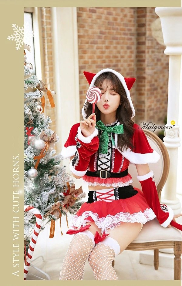 画像1: 【即日発送】【クリスマスコスプレ7点セット】【Malymoon/マリームーン】ネコ耳ケープサンタ【フリーサイズ/1カラー】[YMT]